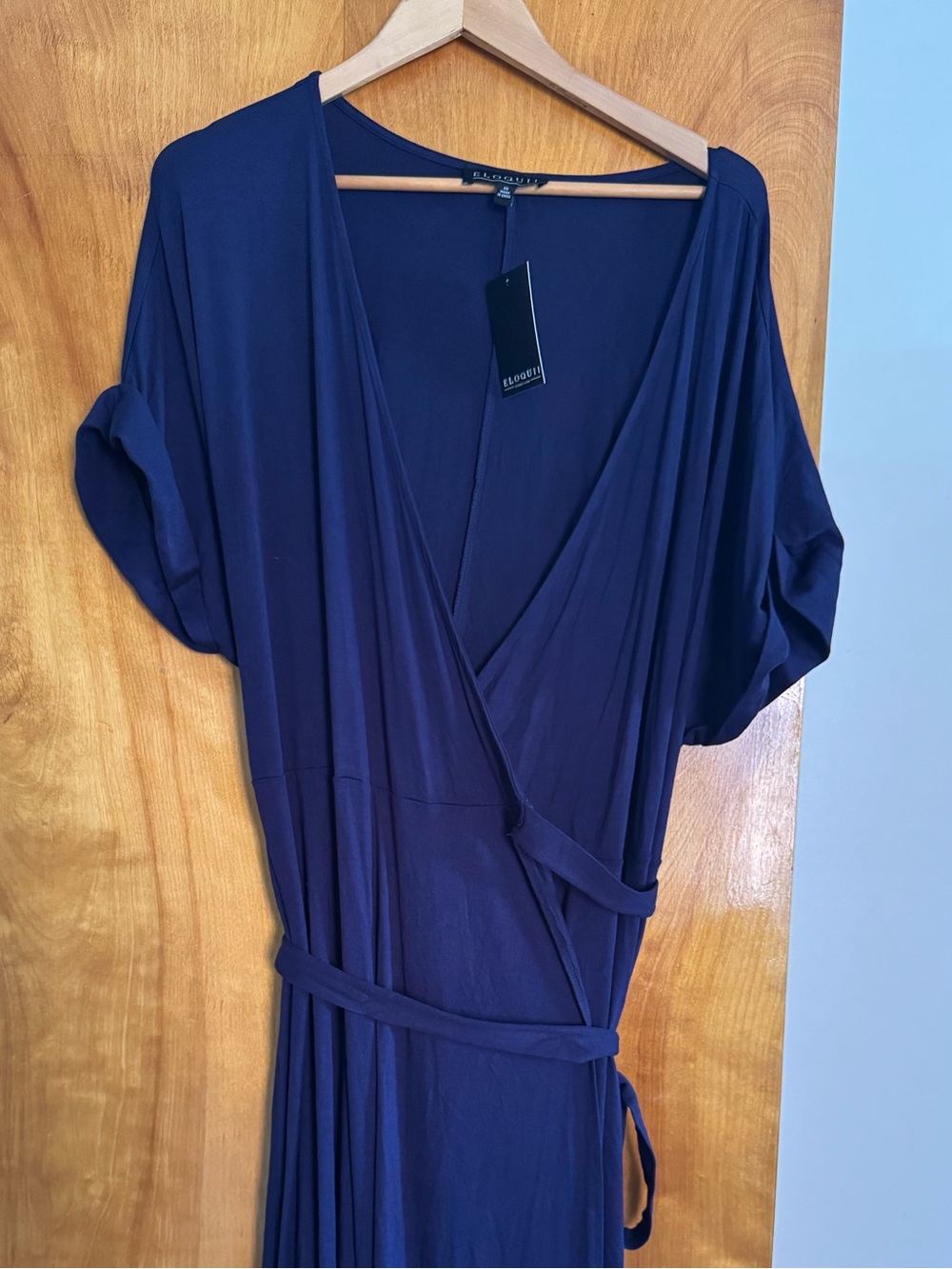 Eloquii Navy Wrap Dress - Elegant Short Sleeve V-Neck Maxi Dress Full Length